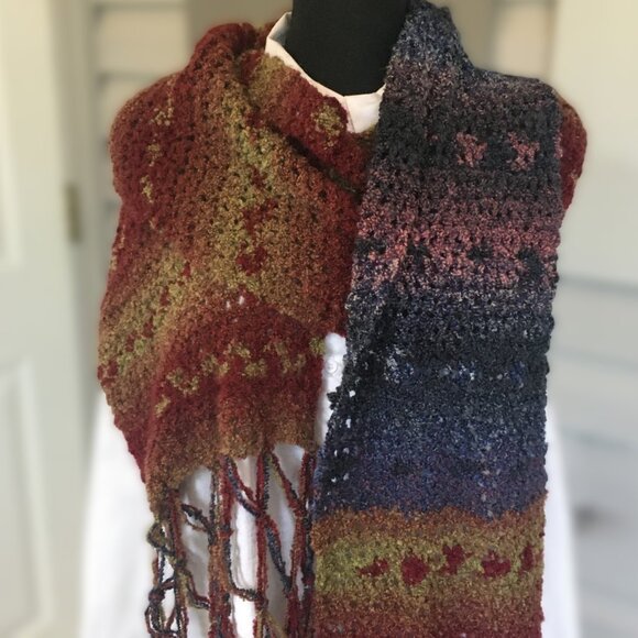 Hand Crocheted Red Tan Purple Pink Blue Boucle Extra Long Net Fringed Scarf - Picture 5 of 15